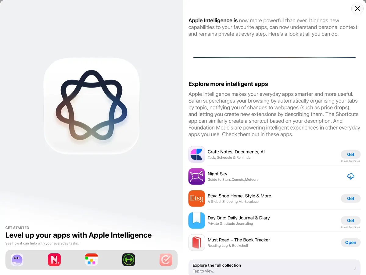 The App Store story Level up your apps with Apple Intelligence on iPad, with Must Read in its list of apps