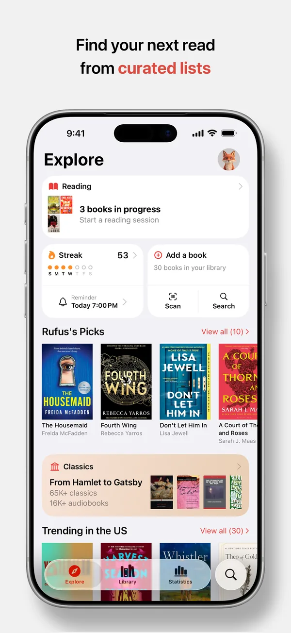 The redesigned Explore tab in Must Read, with curated lists and reading progress