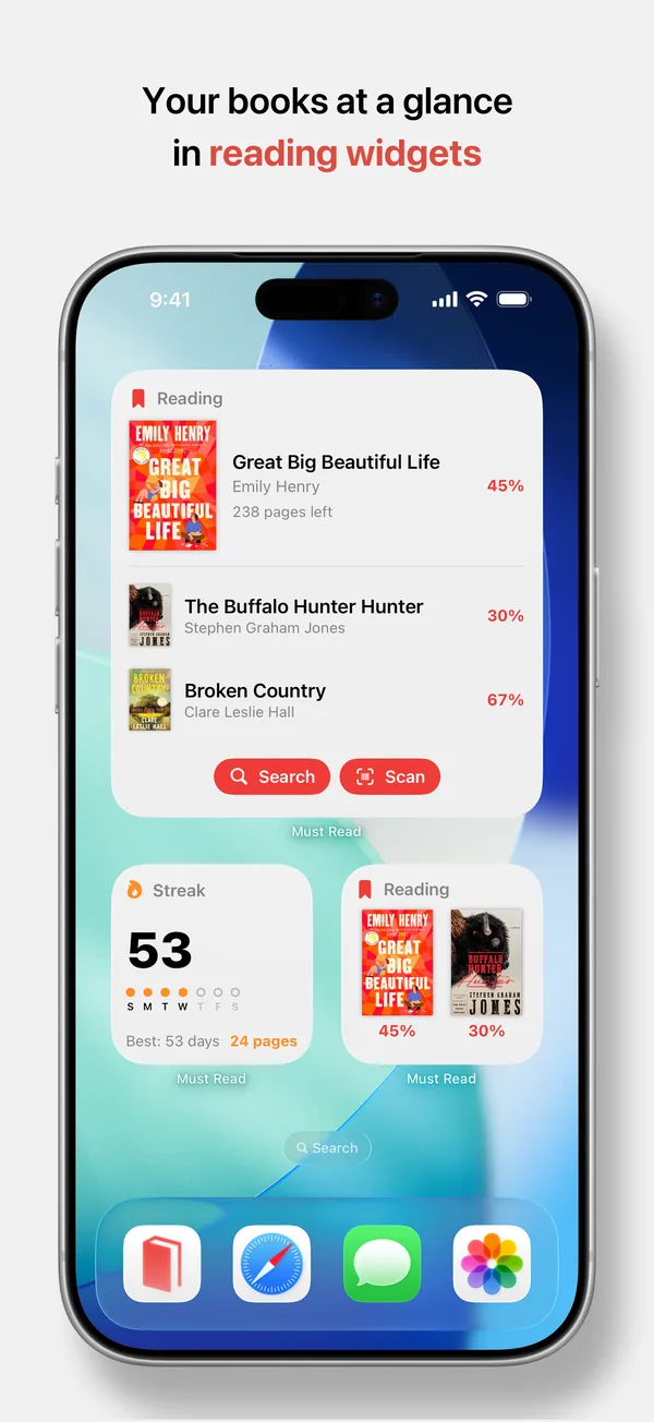 Reading Streak and Currently Reading widgets on the iPhone Home Screen