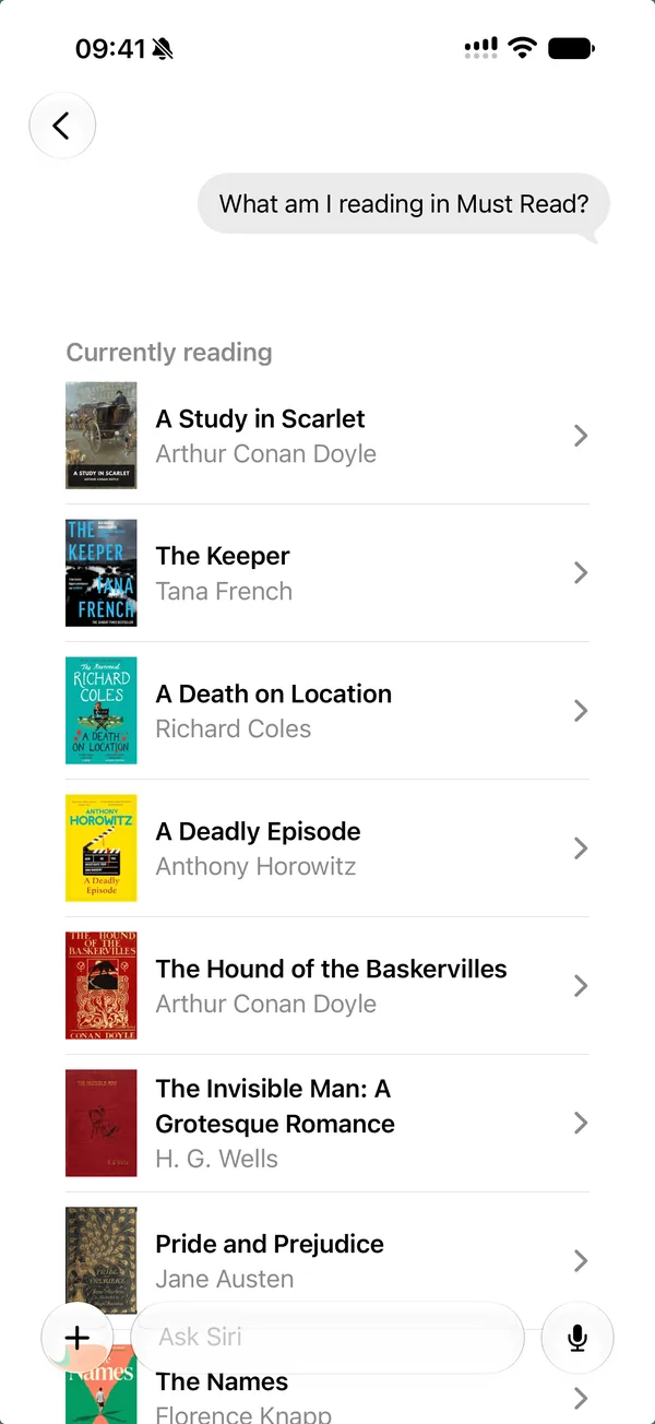 Siri answering What am I reading in Must Read with a list of books, each with its cover