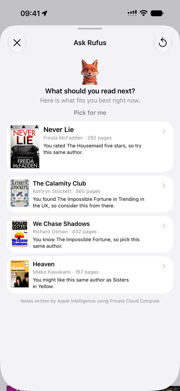 Rufus's picks in Must Read, four books with a note under each saying why, written by Apple Intelligence