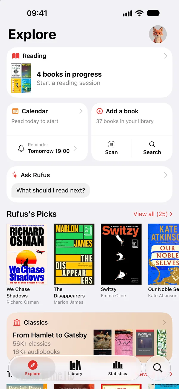 The Explore tab in Must Read 3.6, with Ask Rufus at the top and curated shelves below