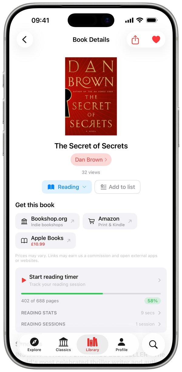 Book detail with reading timer and progress tracking