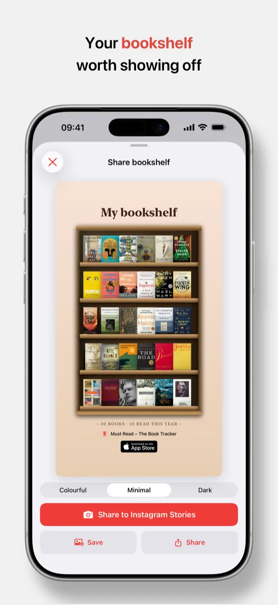 Imported library shown as a bookshelf in Must Read