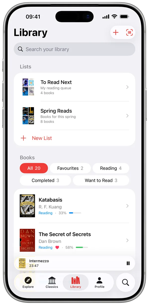 Library with reading stats and progress