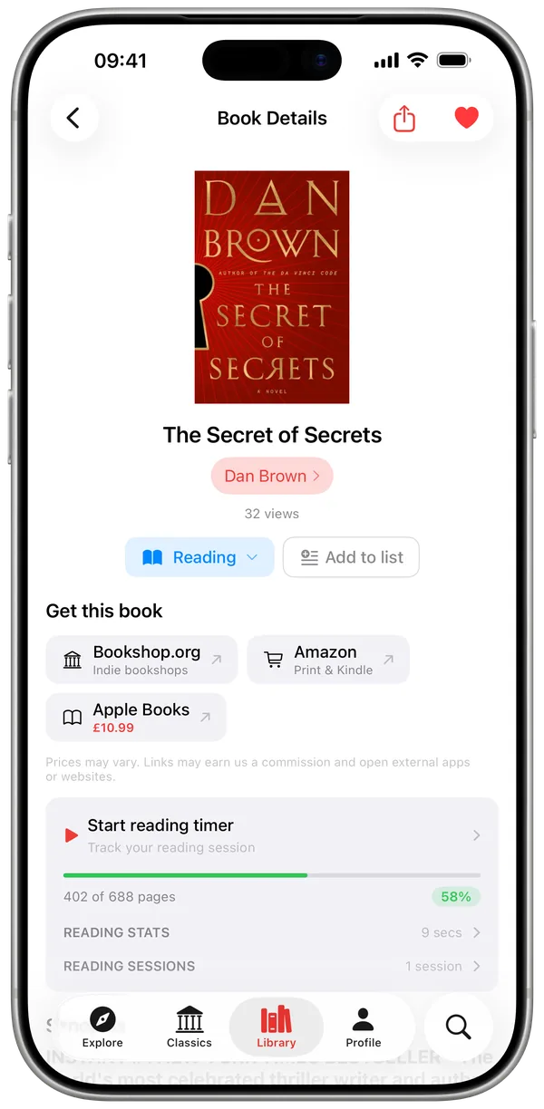 Book detail with reading timer and progress tracking