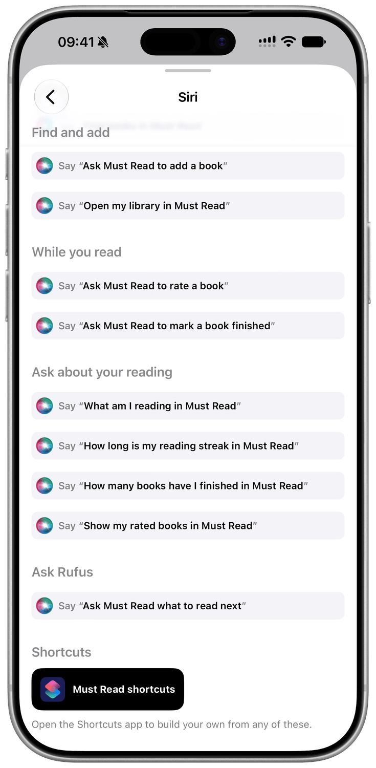 The Siri and Shortcuts screen in Settings, every command in the words Siri listens for